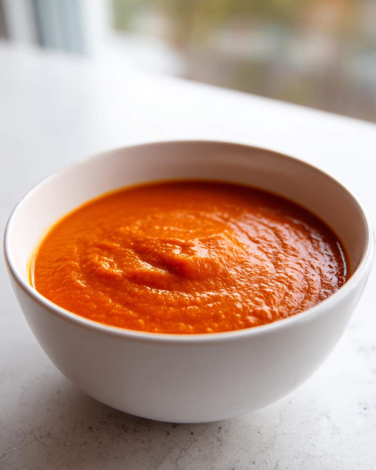 Close-up of a white bowl filled with vibrant orange Instant Pot Creamy Red Pepper Tomato Soup.