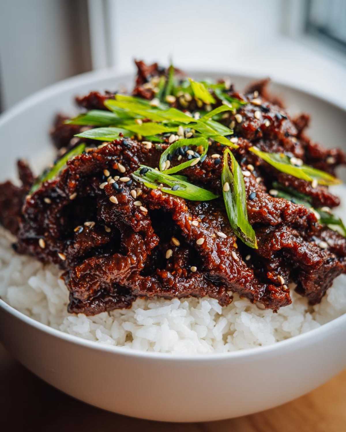 Close-up of Instant Pot Korean Beef and Rice Bowls topped with sesame seeds and green onions.