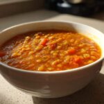 Close-up of a white bowl filled with thick, orange Instant Pot Tomato Lentil Soup featuring visible lentils and diced carrots.