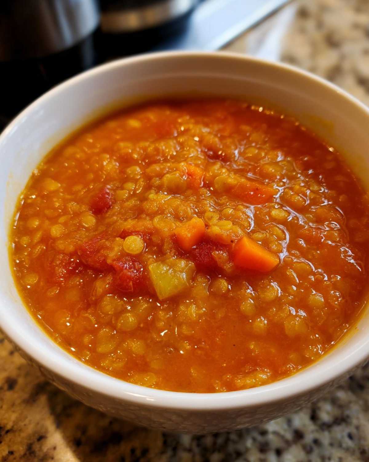Close-up of a white bowl filled with thick, orange Instant Pot Tomato Lentil Soup containing visible lentils and diced carrots.