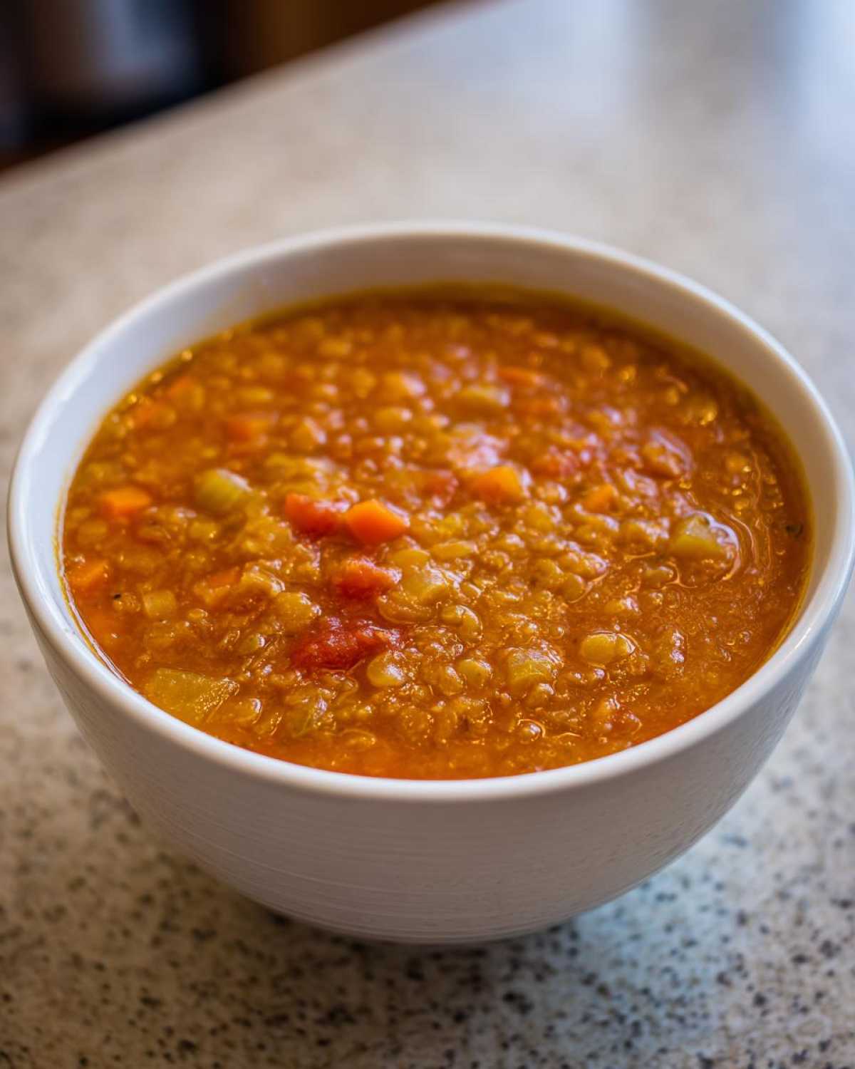 Close-up of a white bowl filled with thick, orange Instant Pot Tomato Lentil Soup, showing visible lentils and diced carrots.