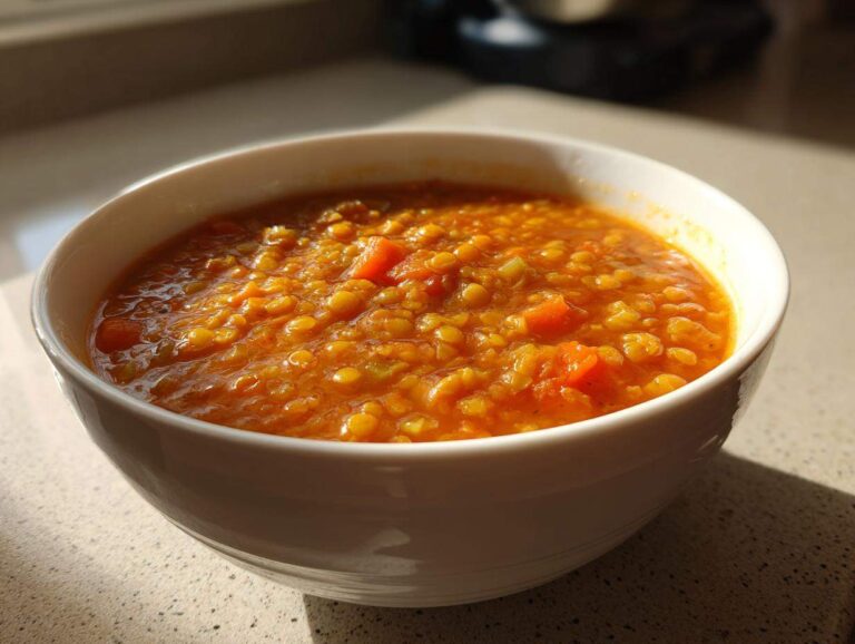 Close-up of a white bowl filled with thick, orange Instant Pot Tomato Lentil Soup featuring visible lentils and diced carrots.