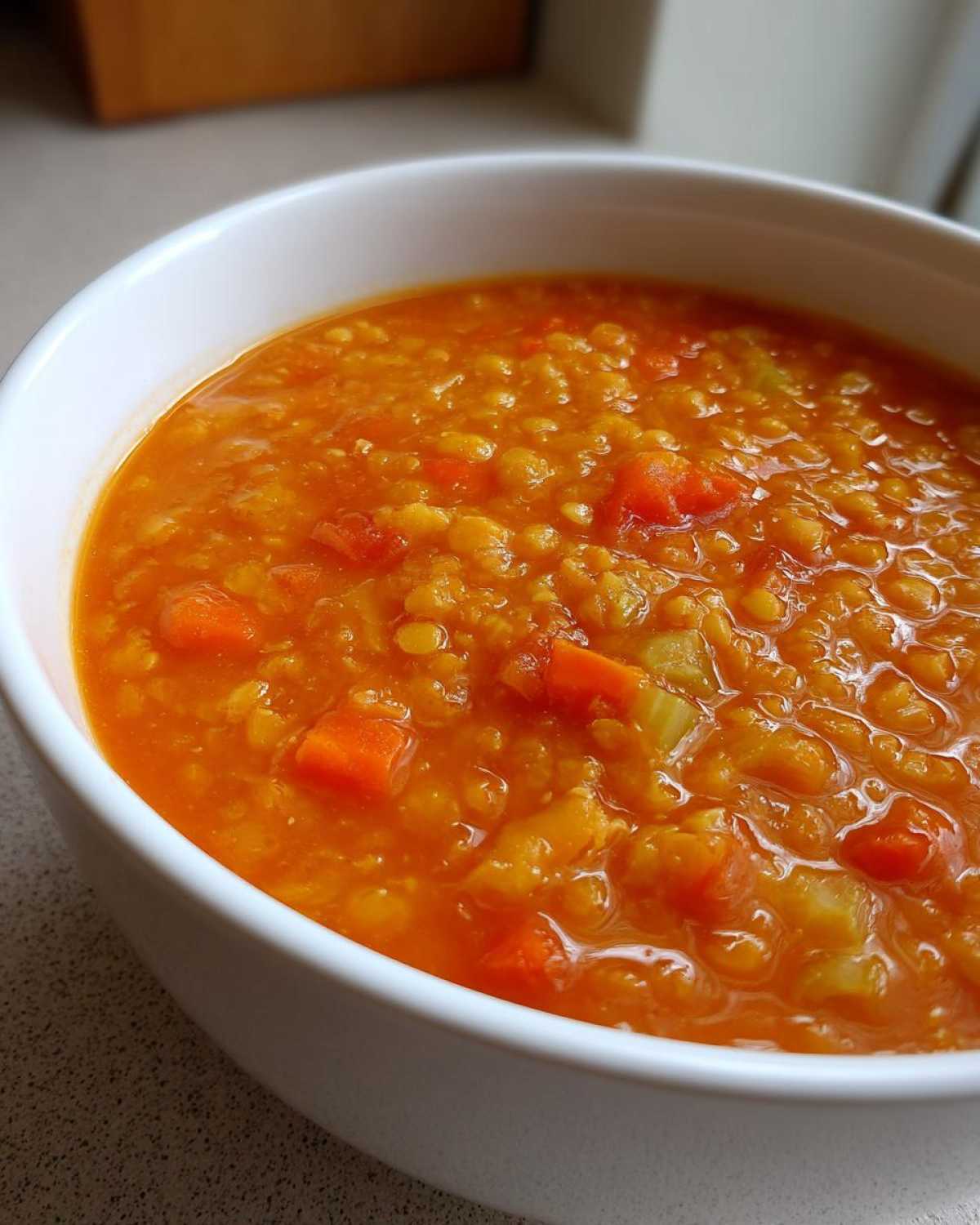 A close-up view of thick, orange Instant Pot Tomato Lentil Soup, showing red lentils and diced carrots in a white bowl.