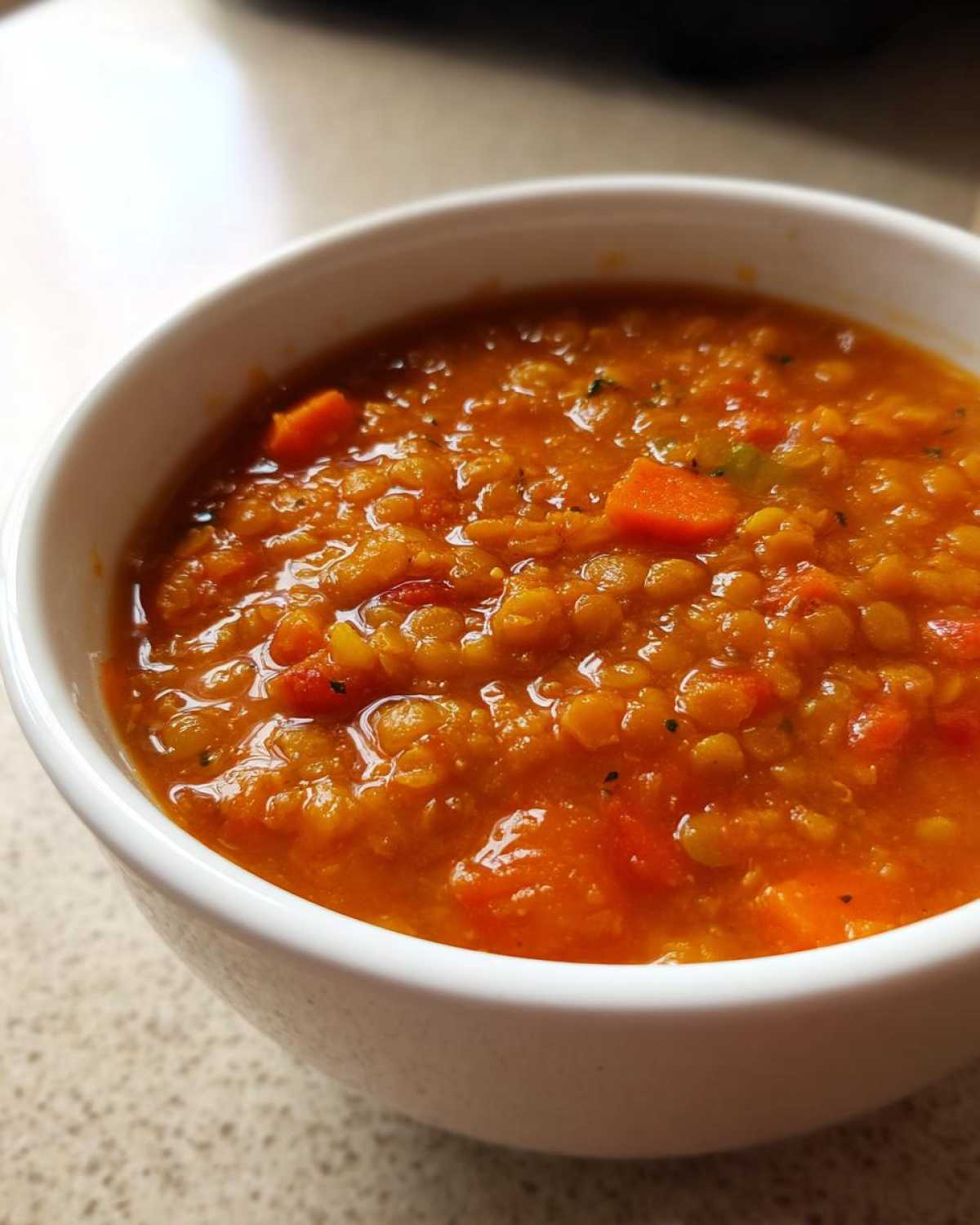 A close-up view of thick, vibrant orange Instant Pot Tomato Lentil Soup filled with cooked lentils and diced carrots in a white bowl.