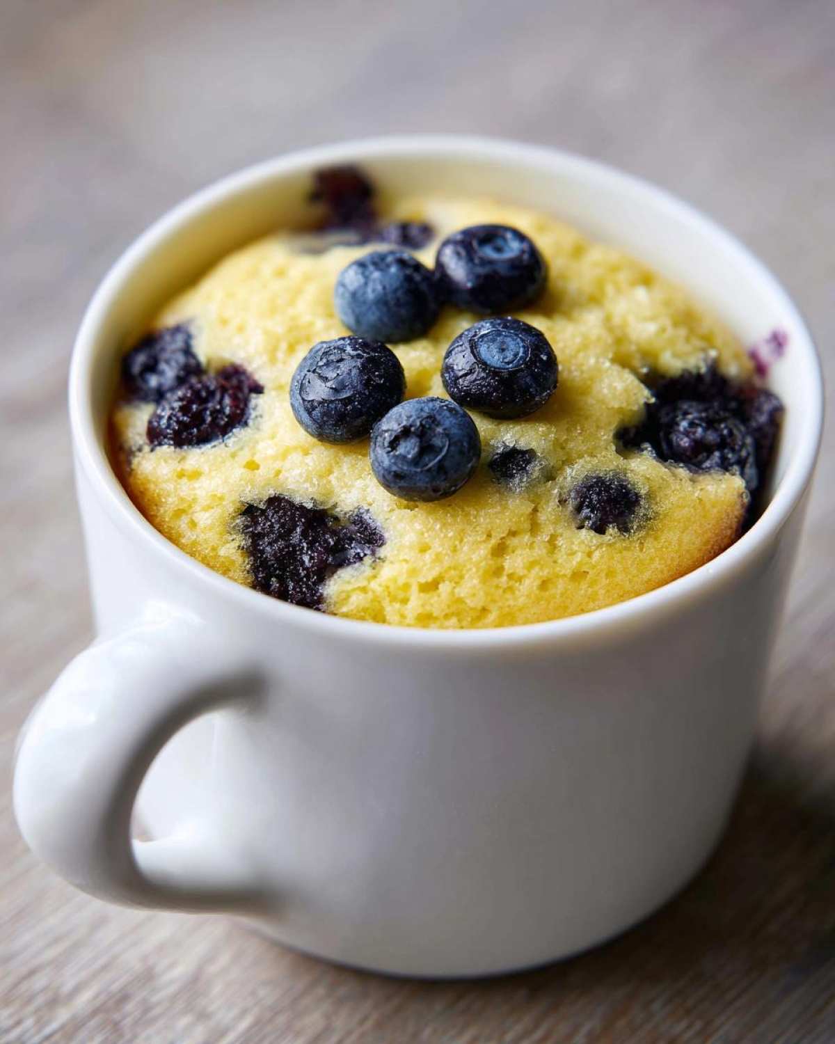 Close-up of a freshly baked Keto Blueberry Lemon Mug Cake topped with five fresh blueberries in a white mug.