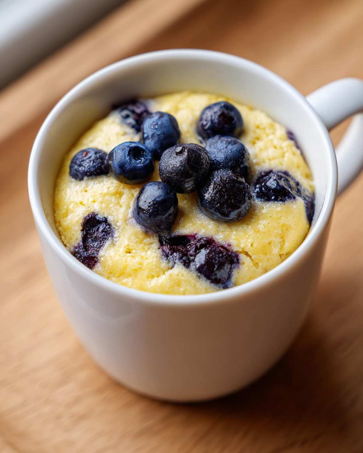 A freshly baked Keto Blueberry Lemon Mug Cake topped with whole blueberries, served in a white ceramic mug.