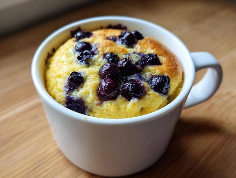 Close-up of a golden Keto Blueberry Lemon Mug Cake baked in a white mug, topped with juicy blueberries.