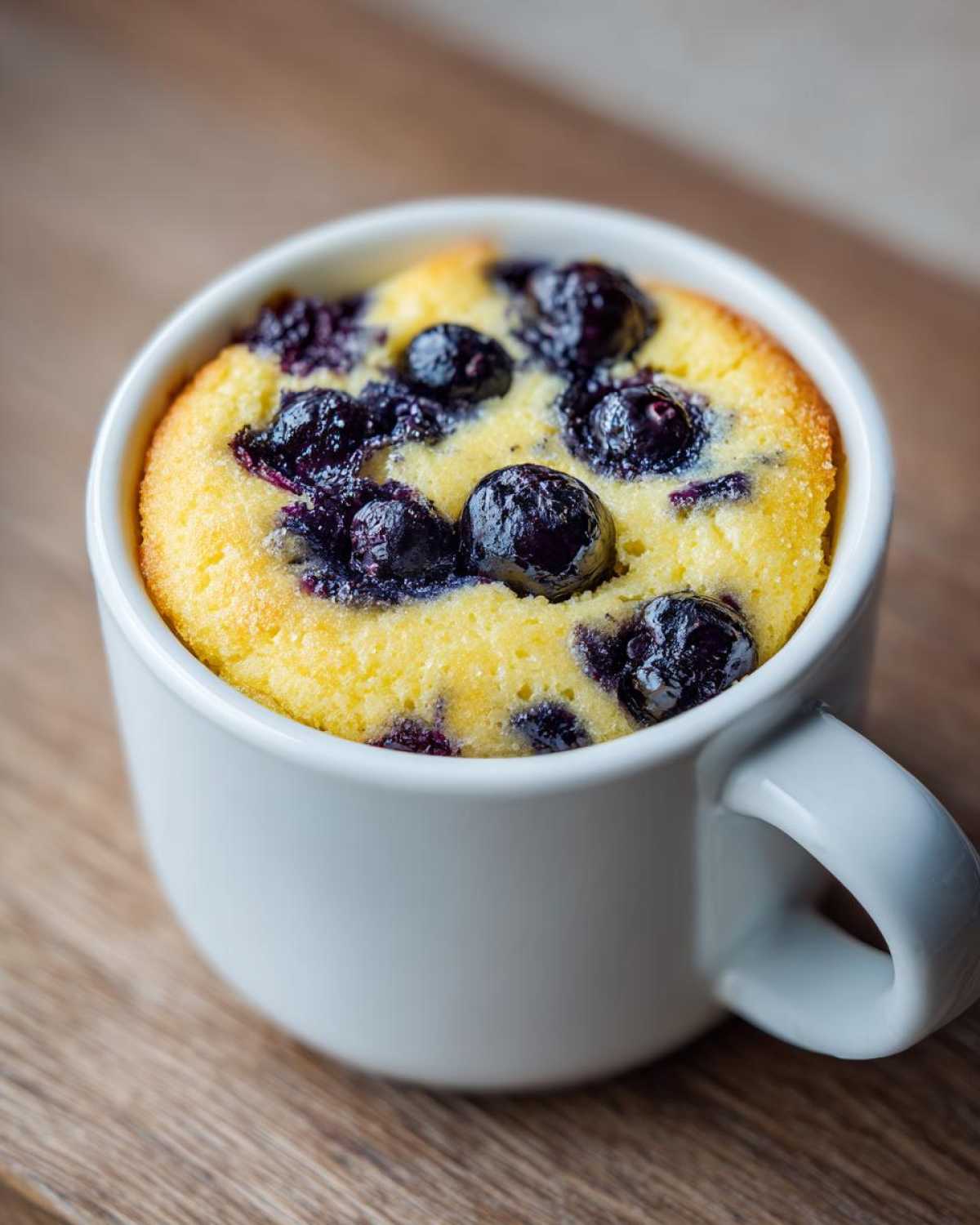 Close-up of a bright yellow Keto Blueberry Lemon Mug Cake topped with whole blueberries, served in a white mug.
