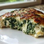 A close-up of a Keto Cheesy Spinach Stuffed Chicken breast, showing the melted cheese and creamy spinach filling oozing out.
