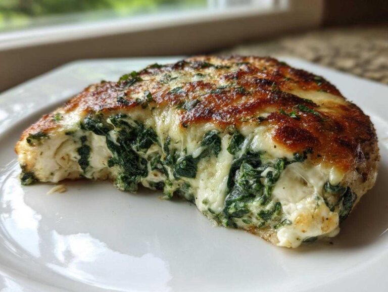 A close-up of a Keto Cheesy Spinach Stuffed Chicken breast, showing the melted cheese and creamy spinach filling oozing out.