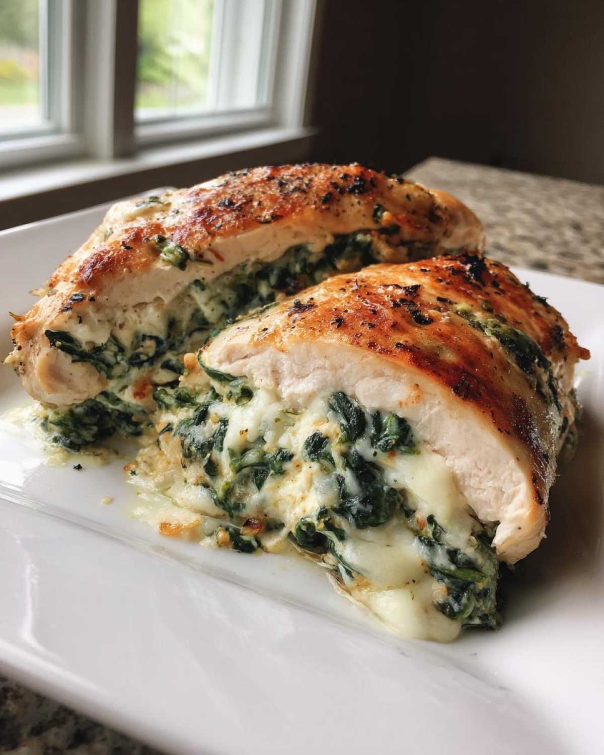 Two halves of a perfectly cooked Keto Cheesy Spinach Stuffed Chicken breast showing the melted cheese and spinach filling.