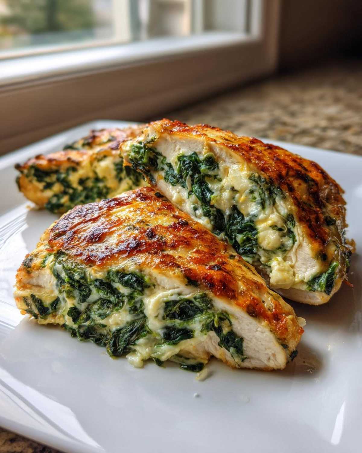 Two halves of Keto Cheesy Spinach Stuffed Chicken showing the creamy spinach and cheese filling inside perfectly cooked chicken breast.