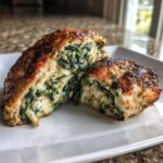 Two halves of Keto Cheesy Spinach Stuffed Chicken showing the creamy spinach and cheese filling inside the golden-brown chicken breast.
