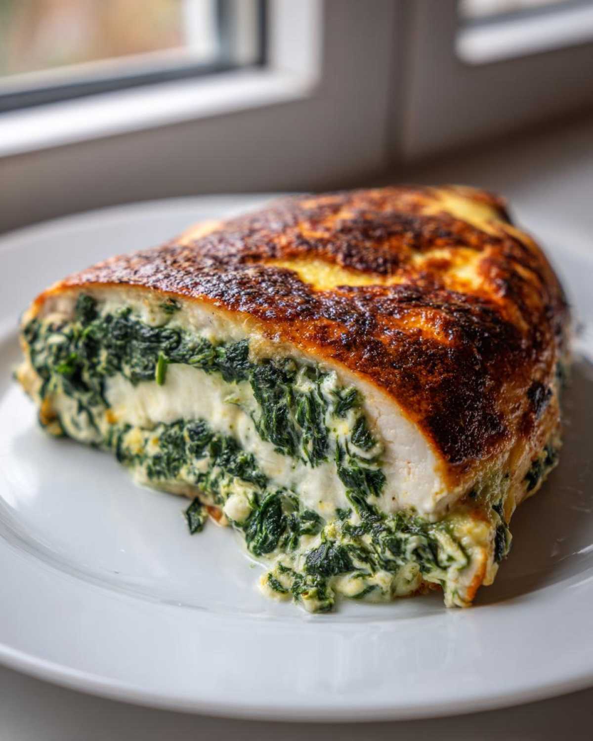 Cross-section of a perfectly cooked Keto Cheesy Spinach Stuffed Chicken breast showing creamy filling.