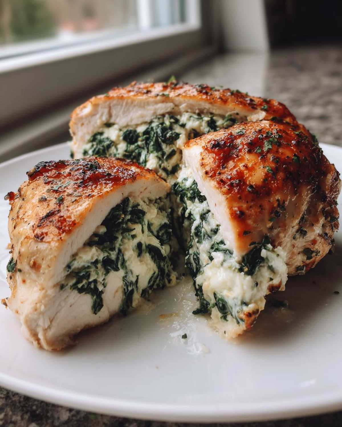 Cross-section view of Keto Cheesy Spinach Stuffed Chicken, showing creamy filling spilling out.