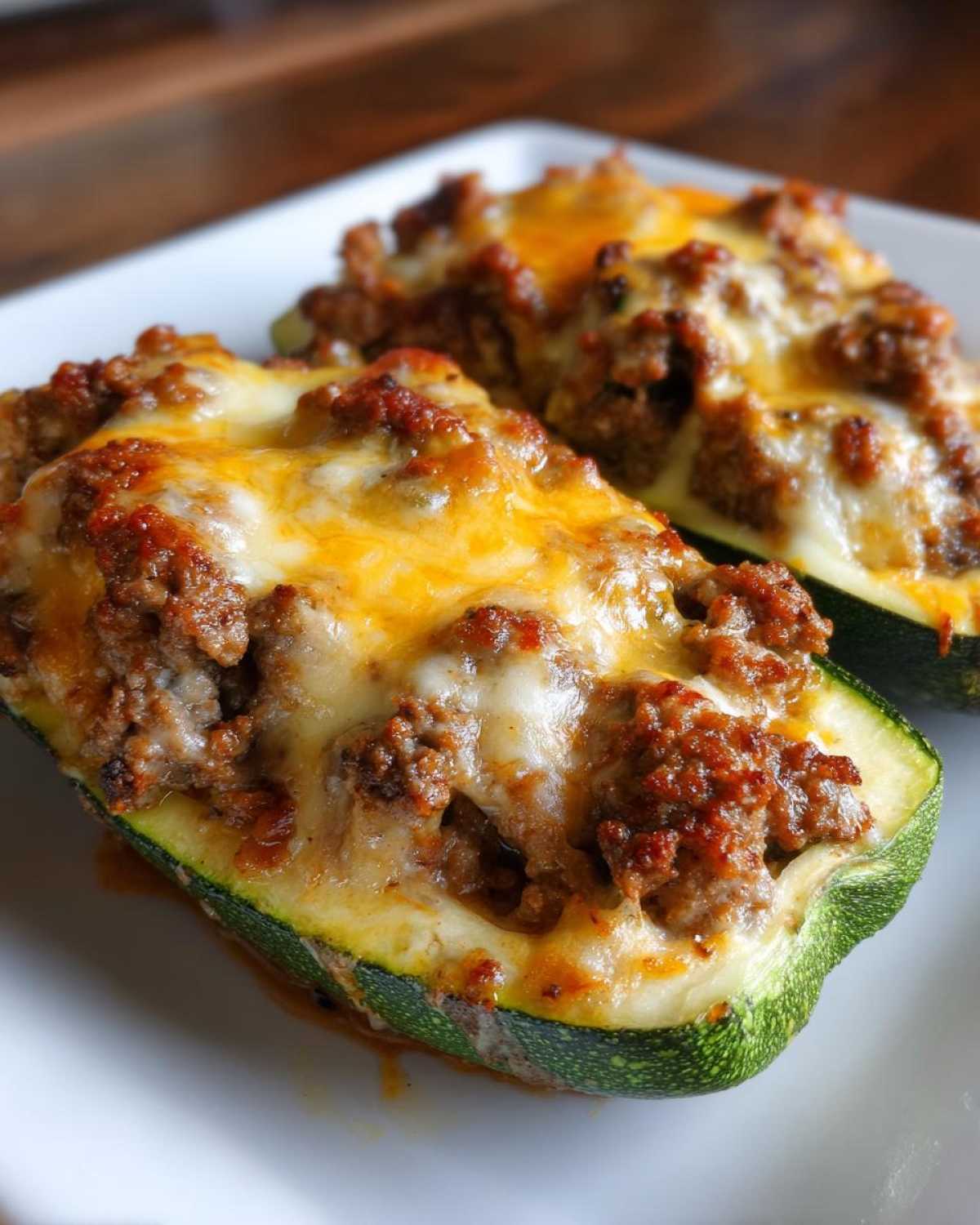 Two halves of Keto Cheesy Taco Stuffed Zucchini Boats topped with melted cheese and seasoned ground meat.