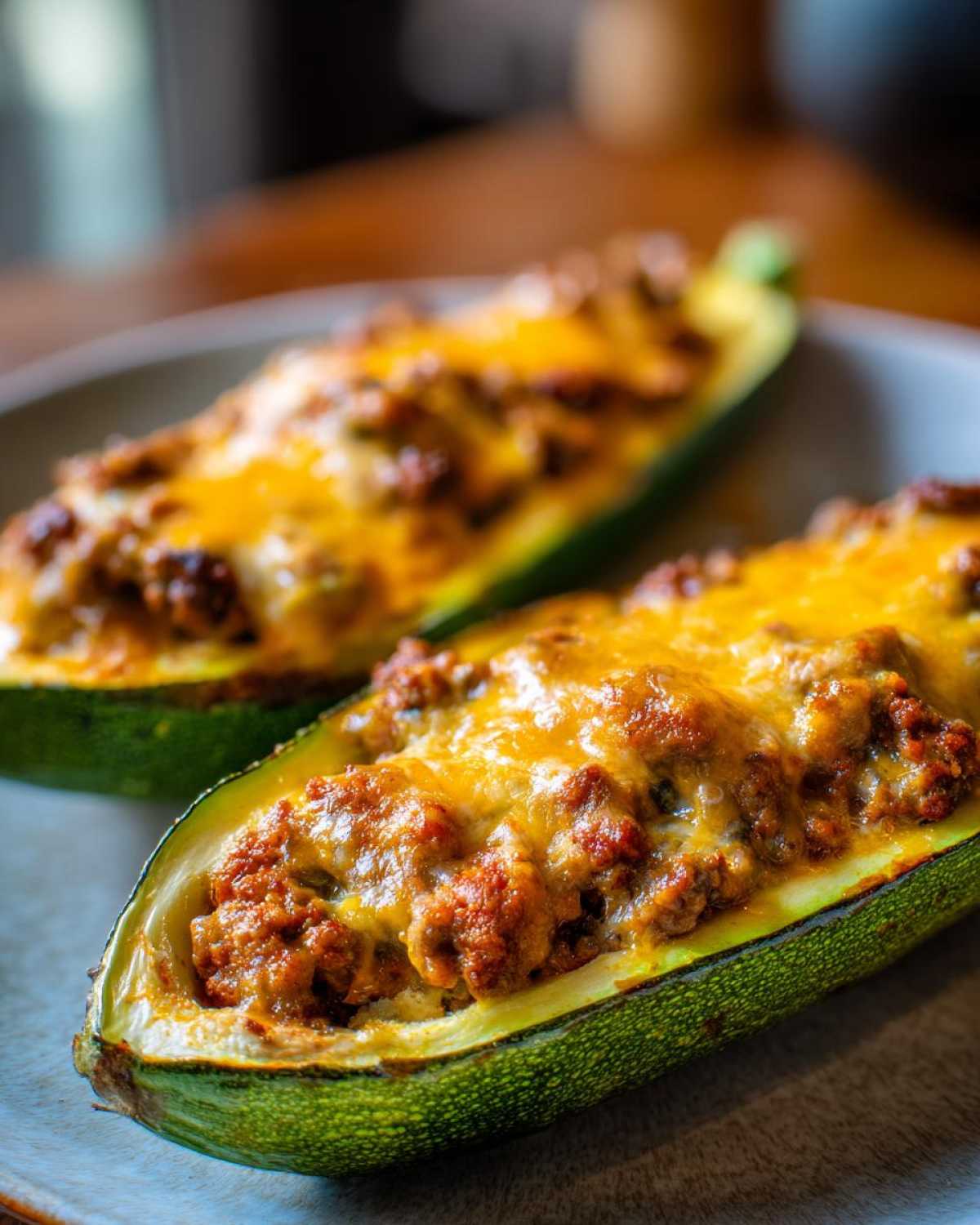 Two Keto Cheesy Taco Stuffed Zucchini Boats filled with seasoned ground meat and topped with melted cheddar cheese.