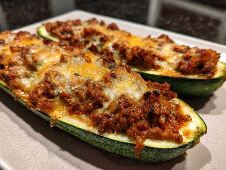 Two halves of Keto Cheesy Taco Stuffed Zucchini Boats, generously filled with seasoned ground meat and melted cheese.