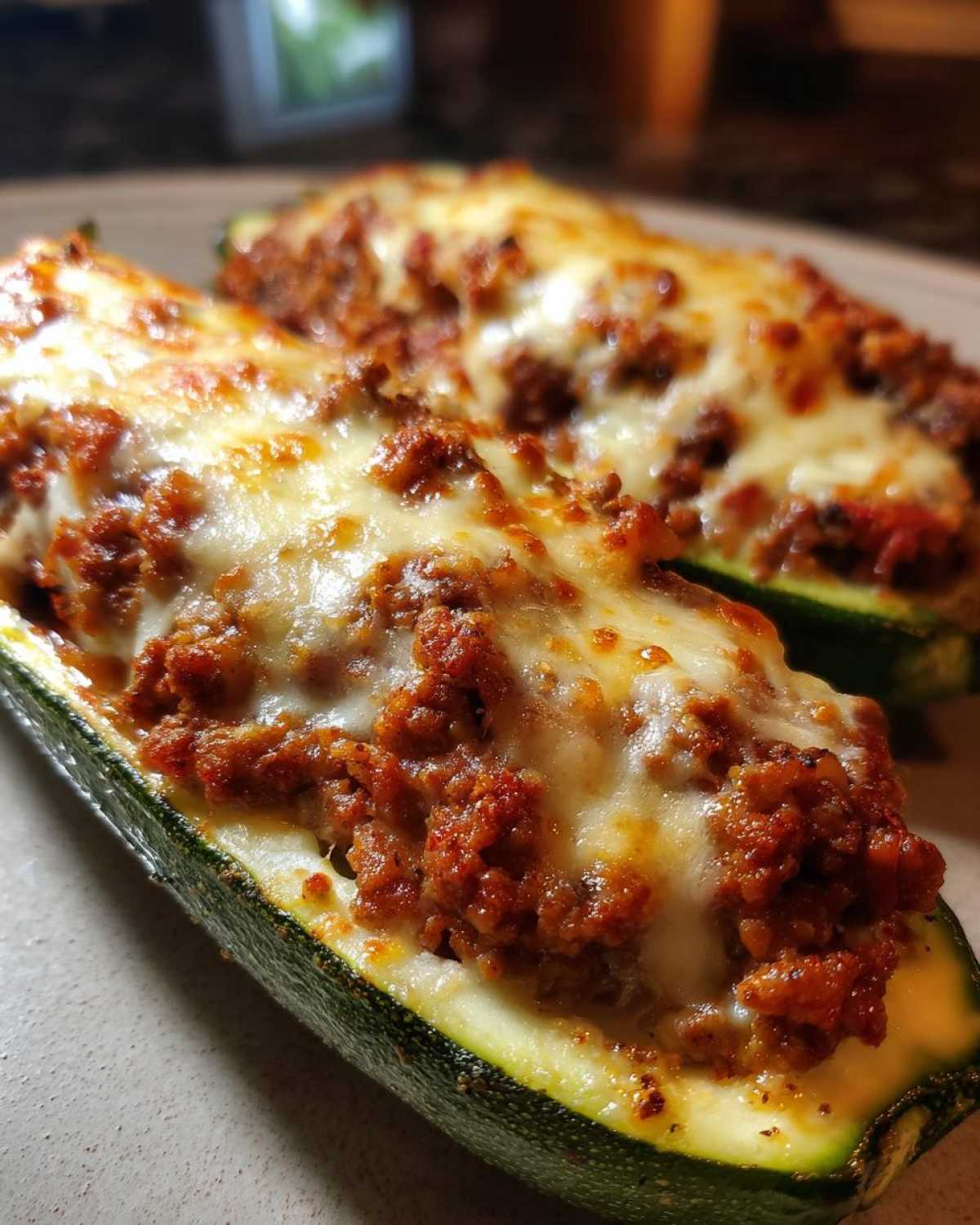 Two baked Keto Cheesy Taco Stuffed Zucchini Boats overflowing with seasoned ground meat and melted cheese.