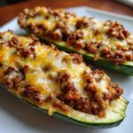 Close-up of two Keto Cheesy Taco Stuffed Zucchini Boats topped with seasoned ground meat and melted cheddar cheese.