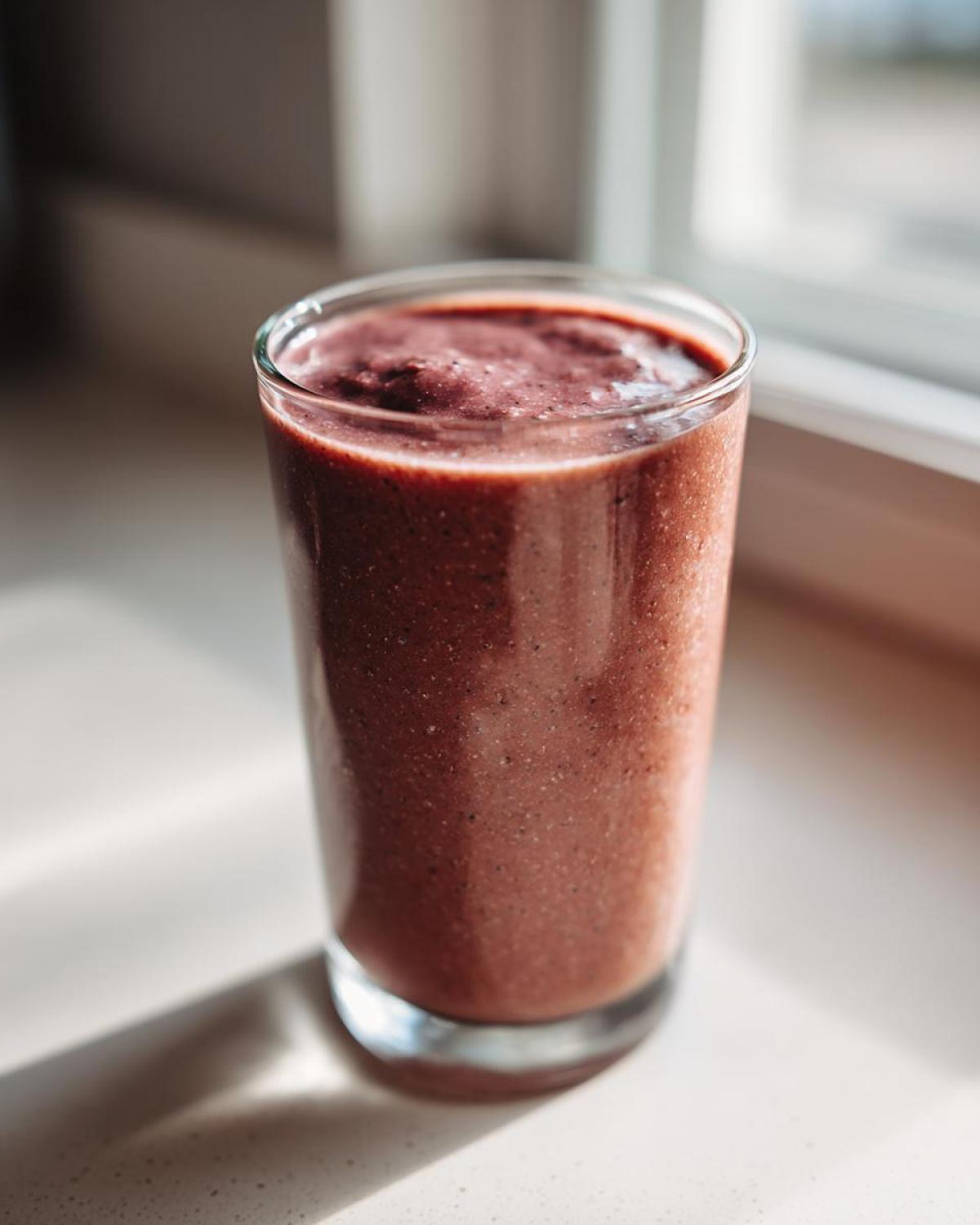 A tall glass filled with a thick, dark reddish-brown Keto Chocolate Strawberry Smoothie sitting on a bright countertop near a window.