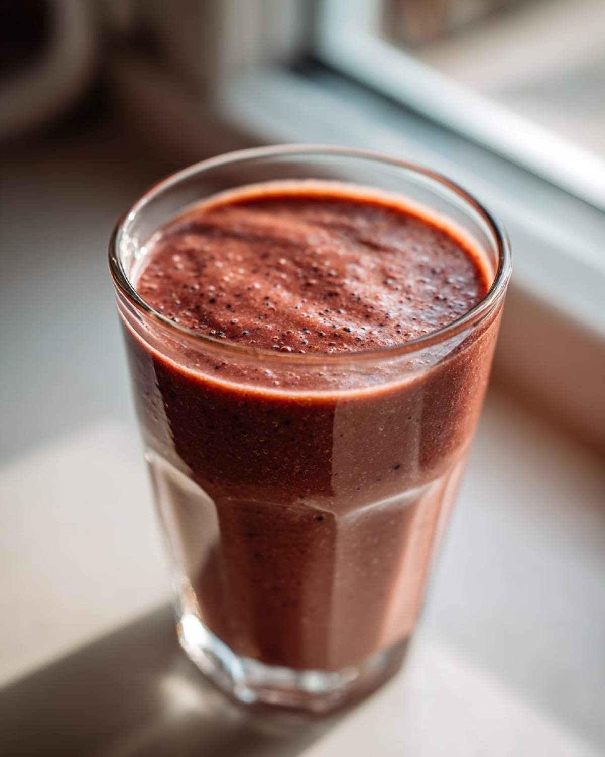 Close-up of a thick, dark reddish-brown Keto Chocolate Strawberry Smoothie in a clear glass, catching sunlight.