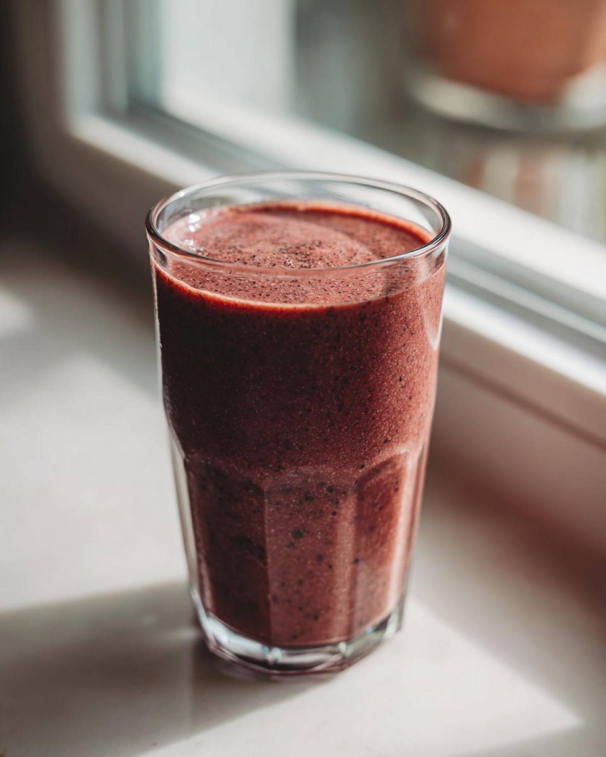 A tall glass filled with a thick, dark red Keto Chocolate Strawberry Smoothie sitting on a bright windowsill.