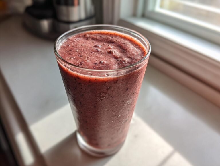A tall glass filled with a thick, dark red Keto Chocolate Strawberry Smoothie sitting on a sunlit windowsill.