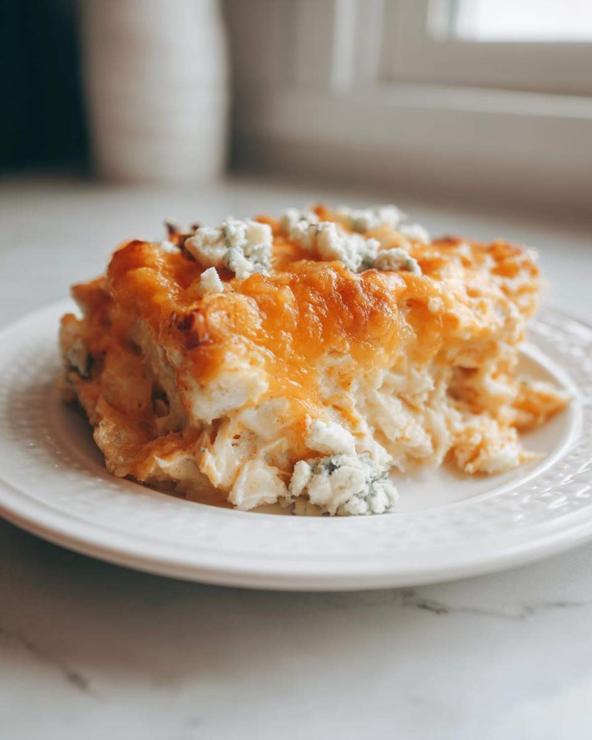 A square serving of Keto Creamy Buffalo Chicken Casserole topped with melted cheddar and blue cheese crumbles.