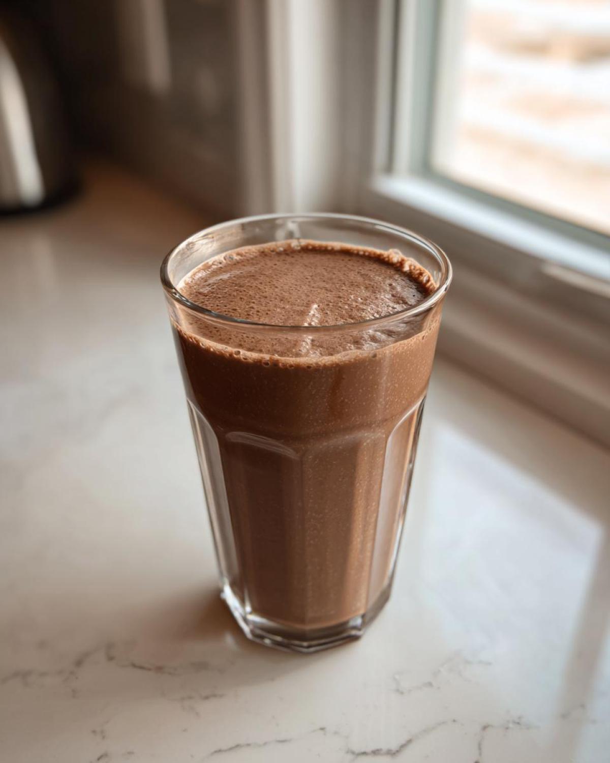 A tall glass filled with a thick, brown Keto Creamy Chocolate Peanut Butter Shake sitting on a white marble counter near a window.