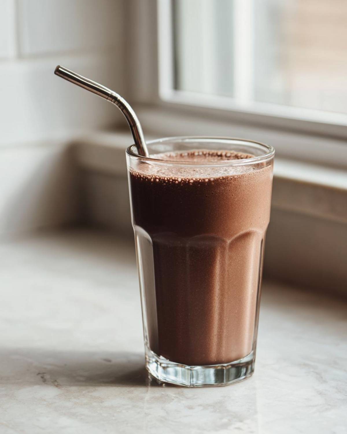 A tall glass filled with a rich, brown Keto Creamy Chocolate Peanut Butter Shake, featuring a metal straw.