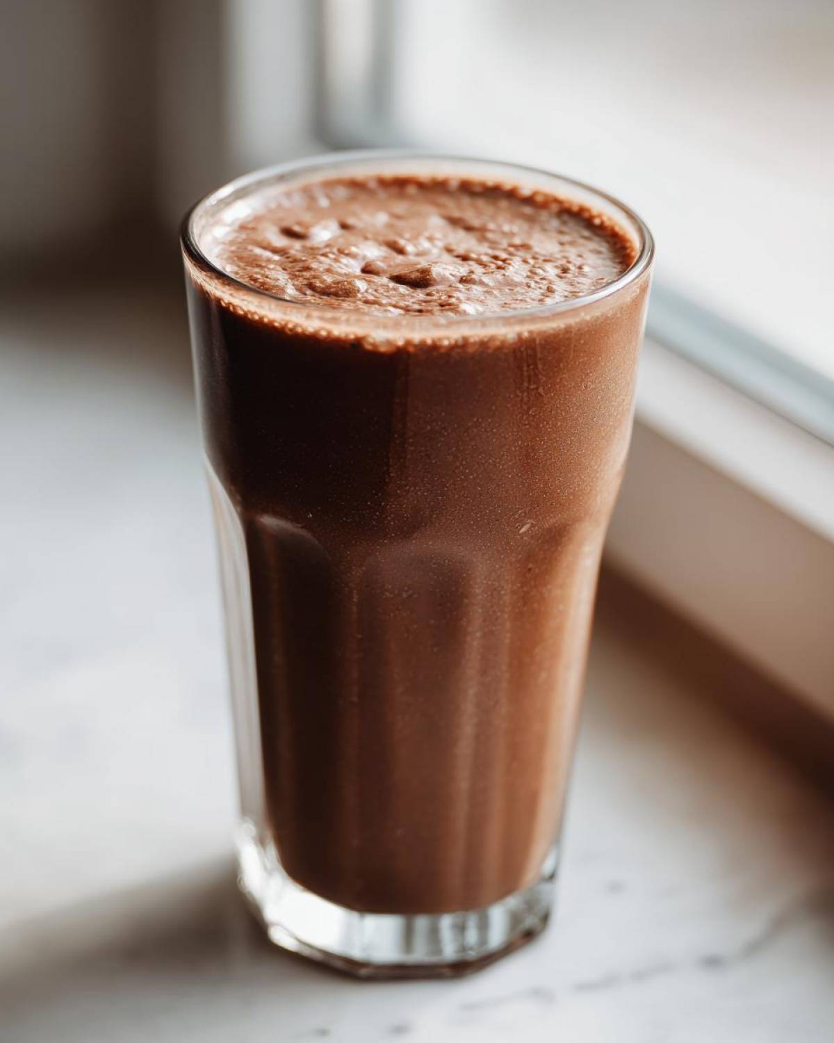A tall glass filled with a thick, frothy Keto Creamy Chocolate Peanut Butter Shake, set near a window.