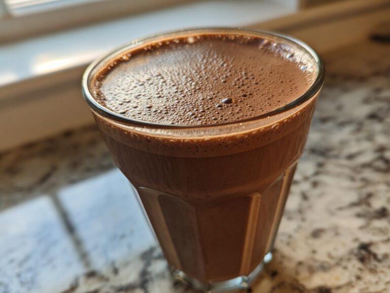 Close-up of a glass filled with a thick, frothy Keto Creamy Chocolate Peanut Butter Shake.