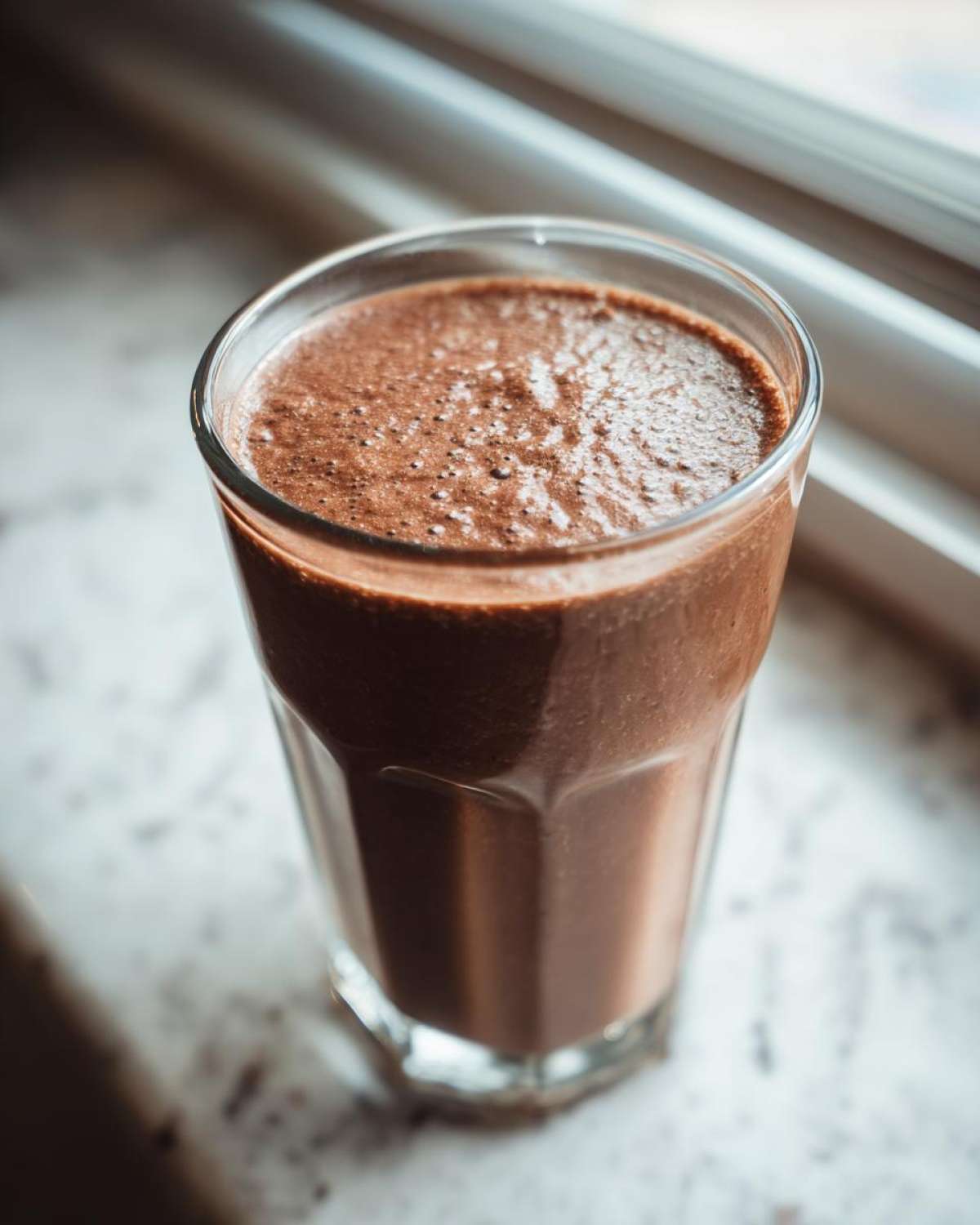 A tall glass filled with a thick, frothy Keto Creamy Chocolate Peanut Butter Shake, set near a window.