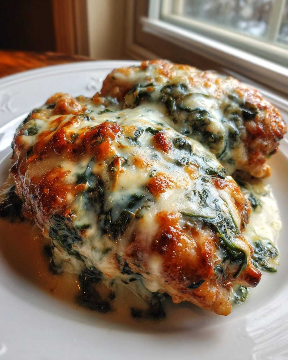 Two servings of Keto Creamy Garlic Parmesan Chicken Bake topped with melted, browned cheese and spinach.