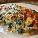 Close-up of a baked chicken breast topped with melted cheese and creamy spinach in a Keto Creamy Garlic Parmesan Chicken Bake.