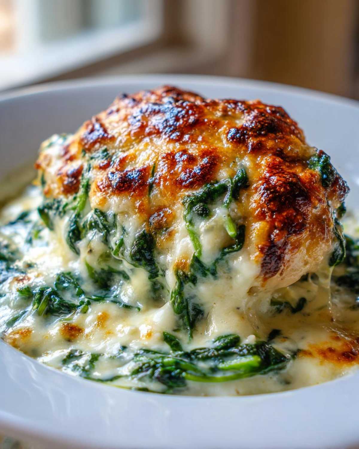 Close-up of Keto Creamy Garlic Parmesan Chicken Bake topped with melted, browned cheese and creamy spinach sauce.