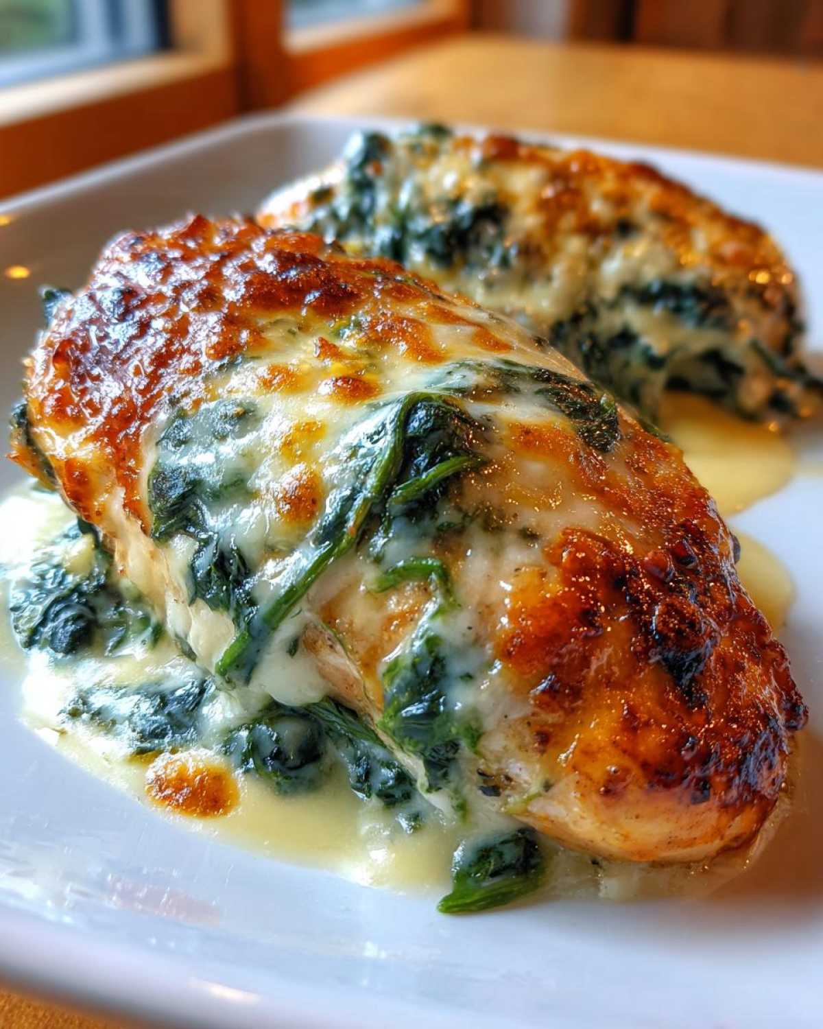 Two servings of Keto Creamy Garlic Parmesan Chicken Bake topped with melted, browned cheese and spinach.