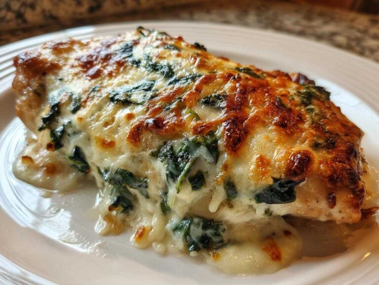 Close-up of a baked chicken breast topped with melted cheese and creamy spinach in a Keto Creamy Garlic Parmesan Chicken Bake.