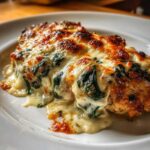 Close-up of a serving of Keto Creamy Garlic Parmesan Chicken Bake topped with melted, browned cheese and spinach.