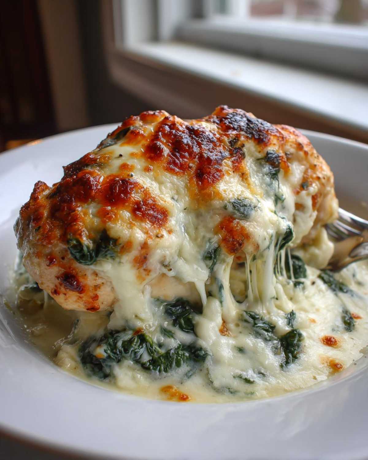 A close-up of Keto Creamy Garlic Parmesan Chicken Bake, smothered in melted, browned cheese and creamy spinach sauce.