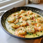 Close-up of juicy shrimp simmering in a rich, creamy garlic sauce, garnished with parsley, in a Keto Creamy Garlic Shrimp Skillet.
