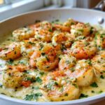 Close-up of plump shrimp cooked in a rich, creamy garlic sauce, garnished with fresh parsley, from the Keto Creamy Garlic Shrimp Skillet.