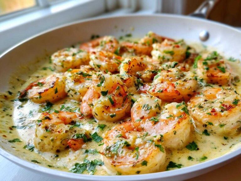 Close-up of plump shrimp cooked in a rich, creamy garlic sauce, garnished with fresh parsley, from the Keto Creamy Garlic Shrimp Skillet.