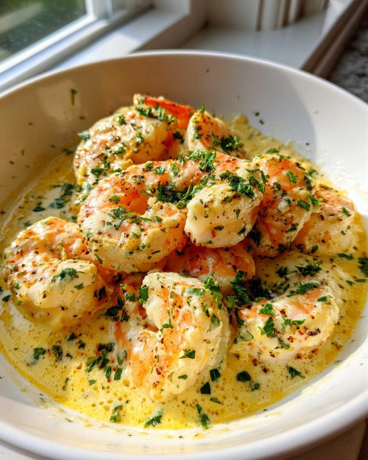 Close-up of plump shrimp coated in a rich, yellow creamy garlic sauce, garnished with fresh parsley, from the Keto Creamy Garlic Shrimp Skillet.
