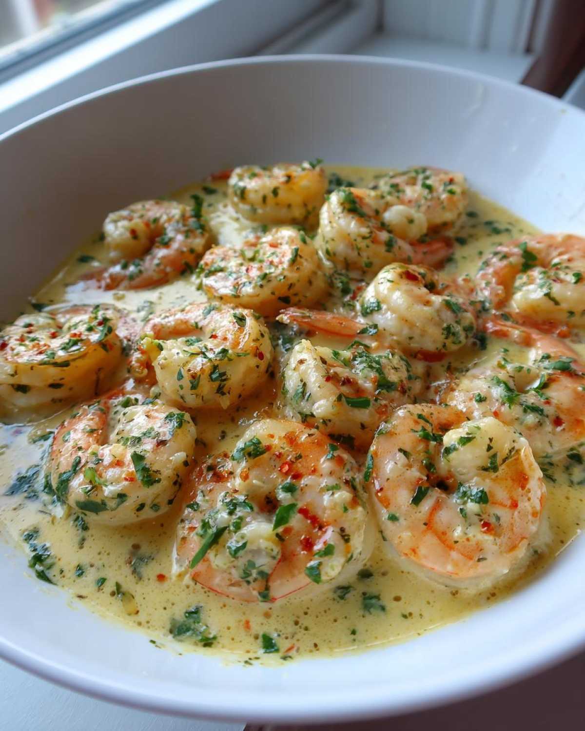 Close-up of cooked shrimp swimming in a rich, creamy garlic sauce, garnished with parsley in a white bowl.