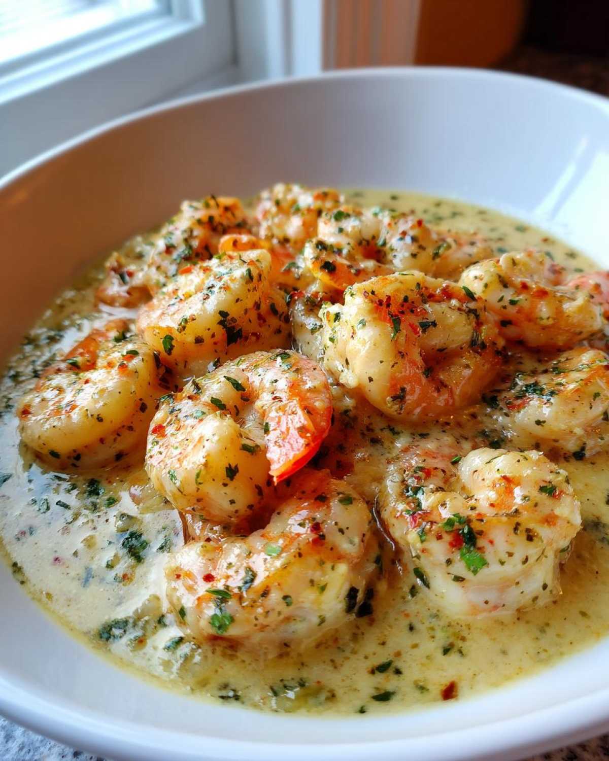 Close-up of plump shrimp coated in a rich, creamy garlic sauce, seasoned with herbs, part of the Keto Creamy Garlic Shrimp Skillet.