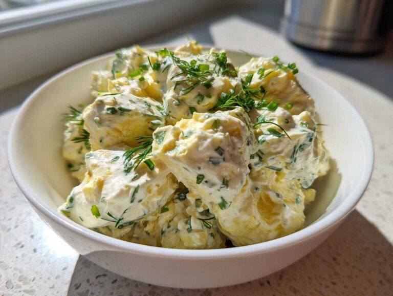 Close-up of Keto Creamy Herb Deviled Egg Salad chunks mixed with creamy dressing and fresh dill and chives.