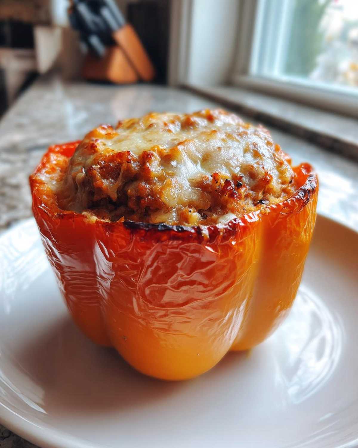 A single, perfectly baked Keto Creamy Italian Sausage Stuffed Pepper topped with melted cheese.