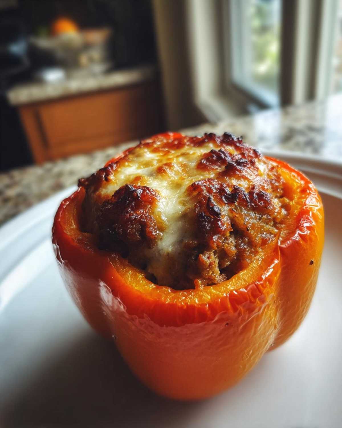 A single, bright orange Keto Creamy Italian Sausage Stuffed Pepper topped with melted, browned cheese.